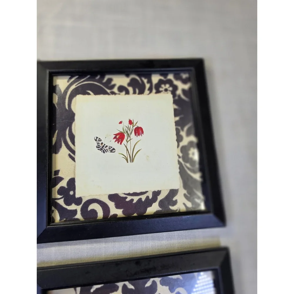 Home Interiors Set of 4 Framed Floral Butterfly Damask Wall Art Black Red 8.5in